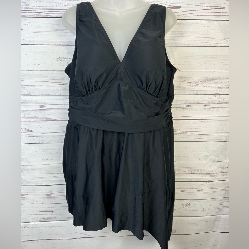 Torrid Asymmetrical Swim Dress Womens Size 3 Black V Neck Slimming Bathing Suit